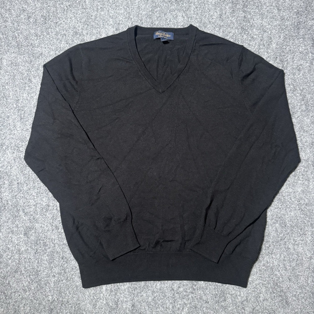 Brooks Brothers 100% Saxxon Wool V-Neck Sweater Black Men Large Lightweight